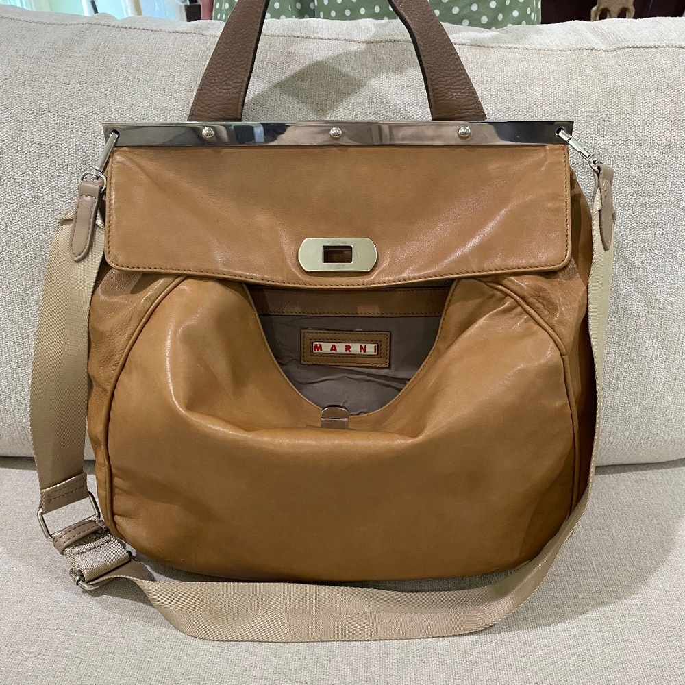 Marni Tan and Brown Leather Top-Handle Shoulder Bag
